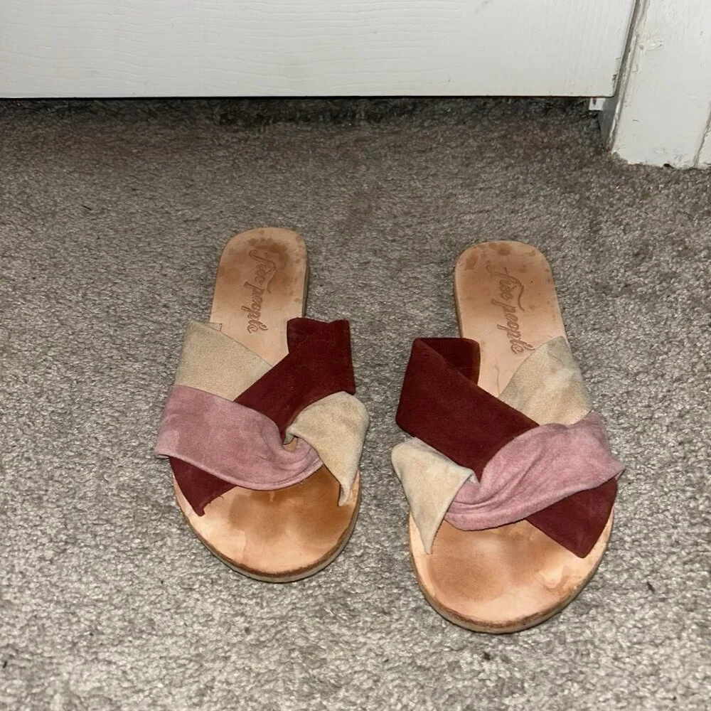 Free People Rio Vista Pink Leather Slip On Slide Boho Sandal Size EU 37 Us 7
